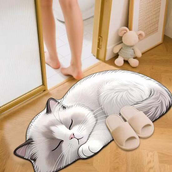 Floor Mat Non-Slip Backing Cat Design Easy Maintenance Versatile Rug Living Room Bathroom Kitchen Home Decor