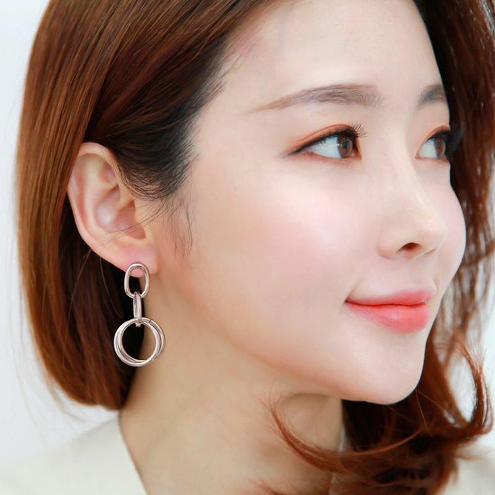 [] Double Ring 92.5 Silver Genuine Bold Silver Needle Earrings