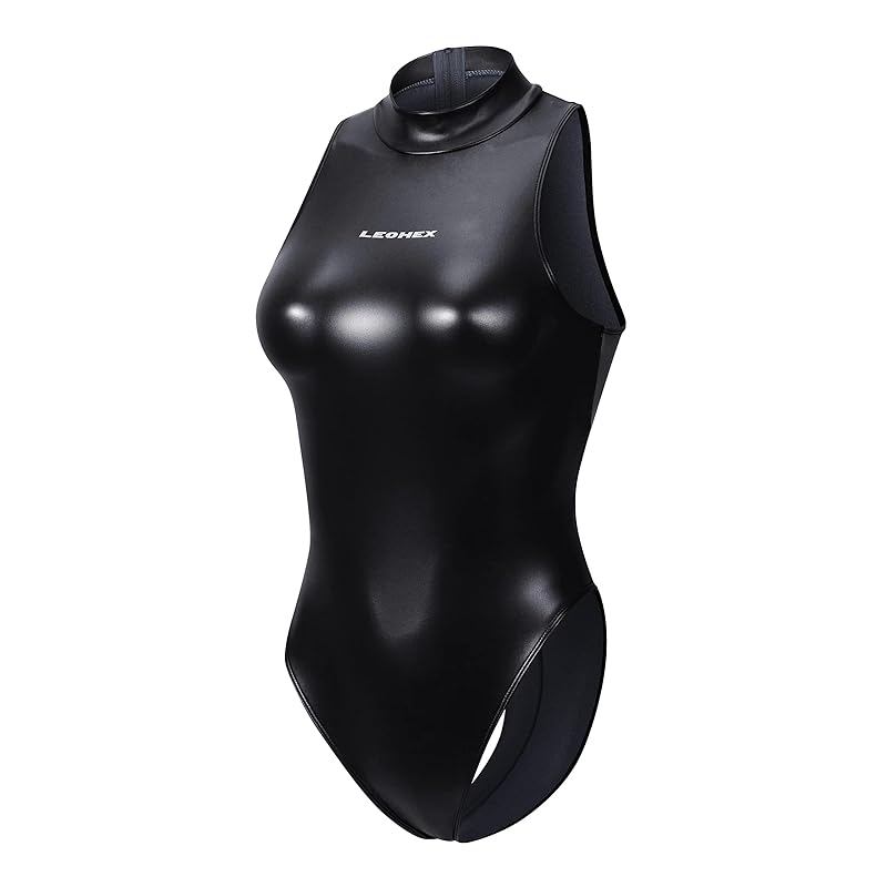 

[LEOHEX] Super rare Strong gloss High Neck Racing Swimwear Reflective Metallic Competitive Swimsuit (L, black)