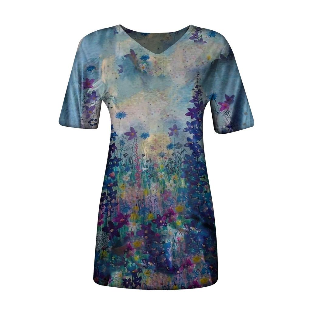 Women's Summer Casual V Neck Short Sleeve T-shirt Vintage Print Top
