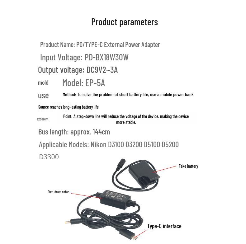 EP5A PD/TYPE-C Power Supply Compatible with EN-EL14 Replacement Battery for D5500, P7000, P7100.