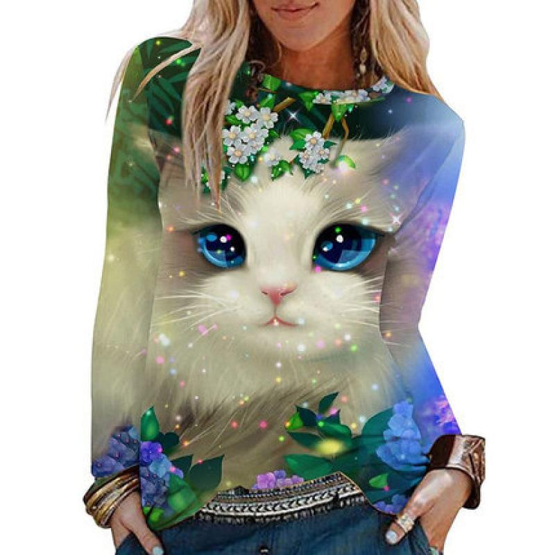 2023 frauen Lange Ärmel Leicht Elastische Hoodie Top T Nette Katze 3d Tier Cartoon Animation T-shirt Frauen Damen Mädchen herbst