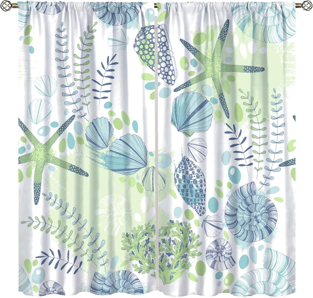 Nautical Ocean Beach Curta,Pink Green Seashell Starfish Coral Coastal Cafe Curta Marine Window Treatment Drapes Home Decor