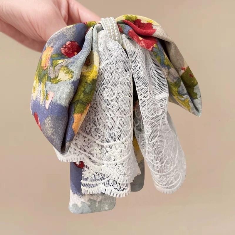 Oil Painting Style Lace Bow Ponytail Claw Clip,Bohemian Style Elegant Hair Clip
