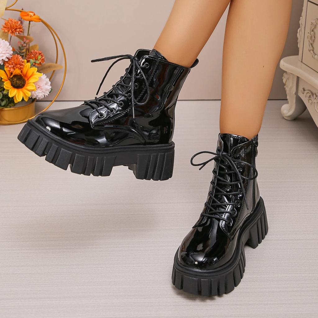 Fashion Chunky Platform Combat Boots for Women Fashion Black Patent Leather Ankle Boots Woman Thick Sole Non Slip Motorcycle Botas Mujer