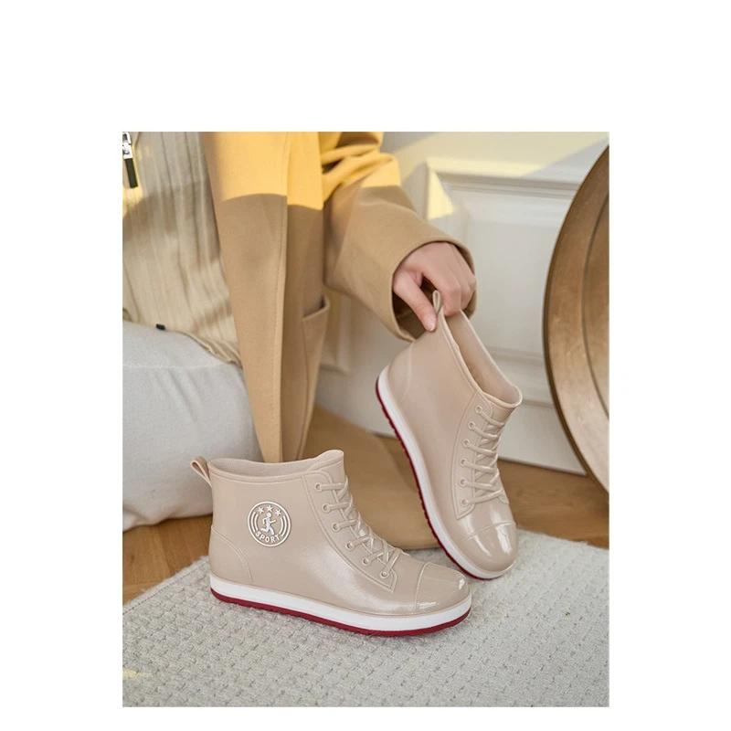 Women Ankle Rain Boots Lace Up Canvas Style Waterproof PVC Rubber Wellies Non Slip Casual Short Rain Shoes