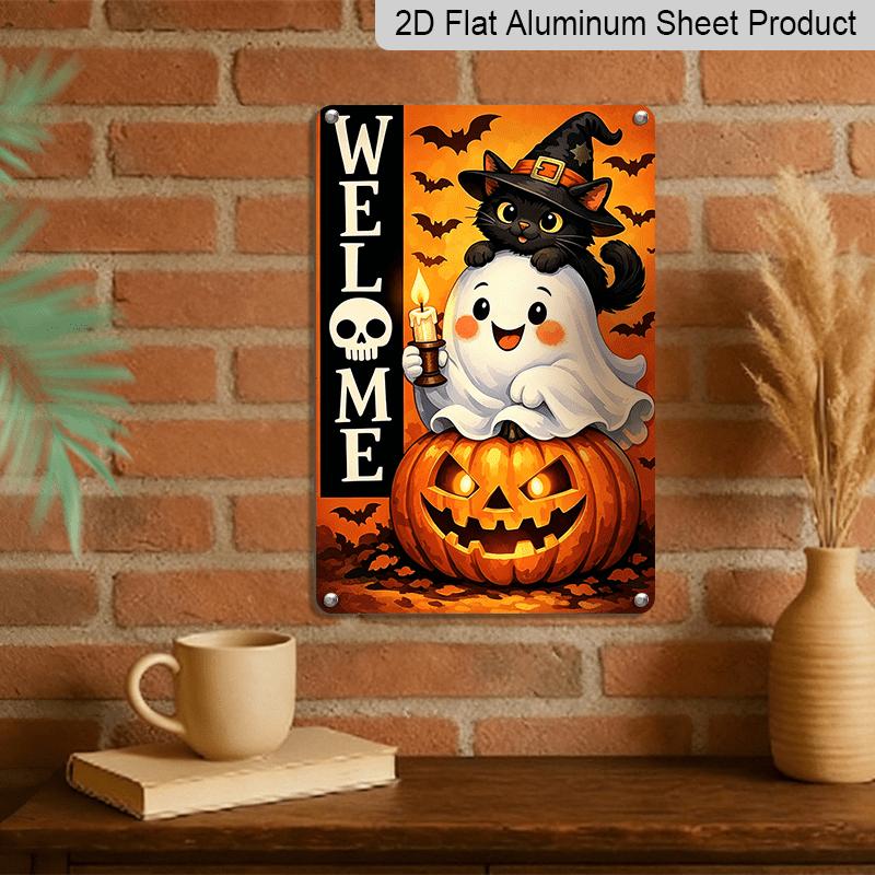 2D Flat, 1pc Halloween Welcome Cartoon Ghost Aluminum Sign, Front Door Welcome Plaque, Farmhouse Entry Wall, Halloween Party Backdrop, Cottage Porch
