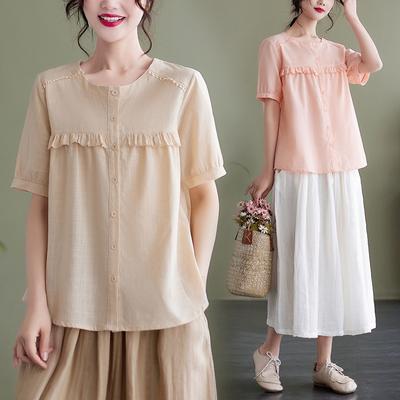 2025 lato nowy jednolity kolor bawełna i len koszula damska luźna i cienka pomniejszająca wiek duży rozmiar okrągły dekolt krótki rękaw kardigan top