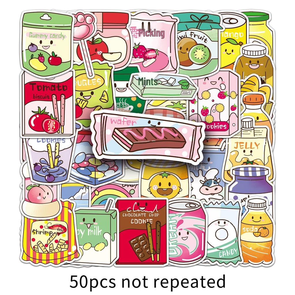 50pcs Cute Food Cartoon Stickers: Waterproof Snack-Themed Graffiti for Journals & Storage Boxes