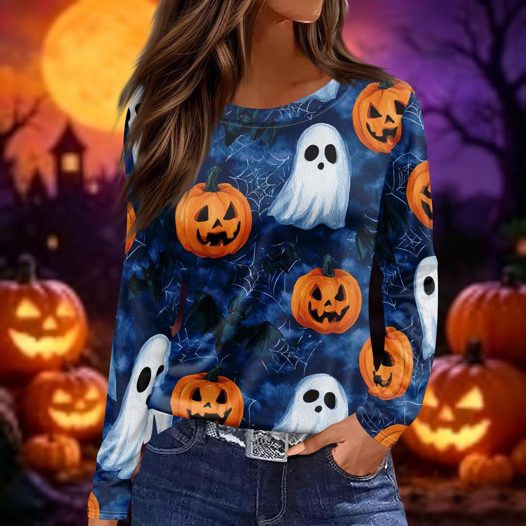 Women's Halloween Print Long Sleeve Pullover Top Round Neck Split Hem Casual Loose Fit Lightweight Sweatshirt