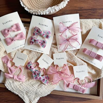 Pink Little Girls Embroidered Flower Bow Hair Side Clips Headwear Children Kids Forehead Bangs Elastic Rubber Bands Accessories