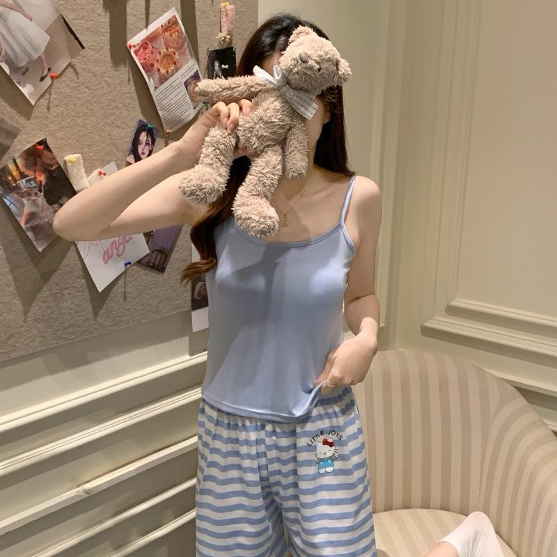 Women's Cartoon Camisole Tank Top Pajamas Set with Chest Pads - Summer Home Wear for Girls with Shorts
