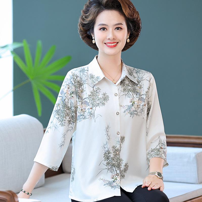 

Women s Mid-Sleeve Silk Shirt - Summer Loose Fit for Middle-Aged & Elderly 5XL (150-165 jin recommended) білий