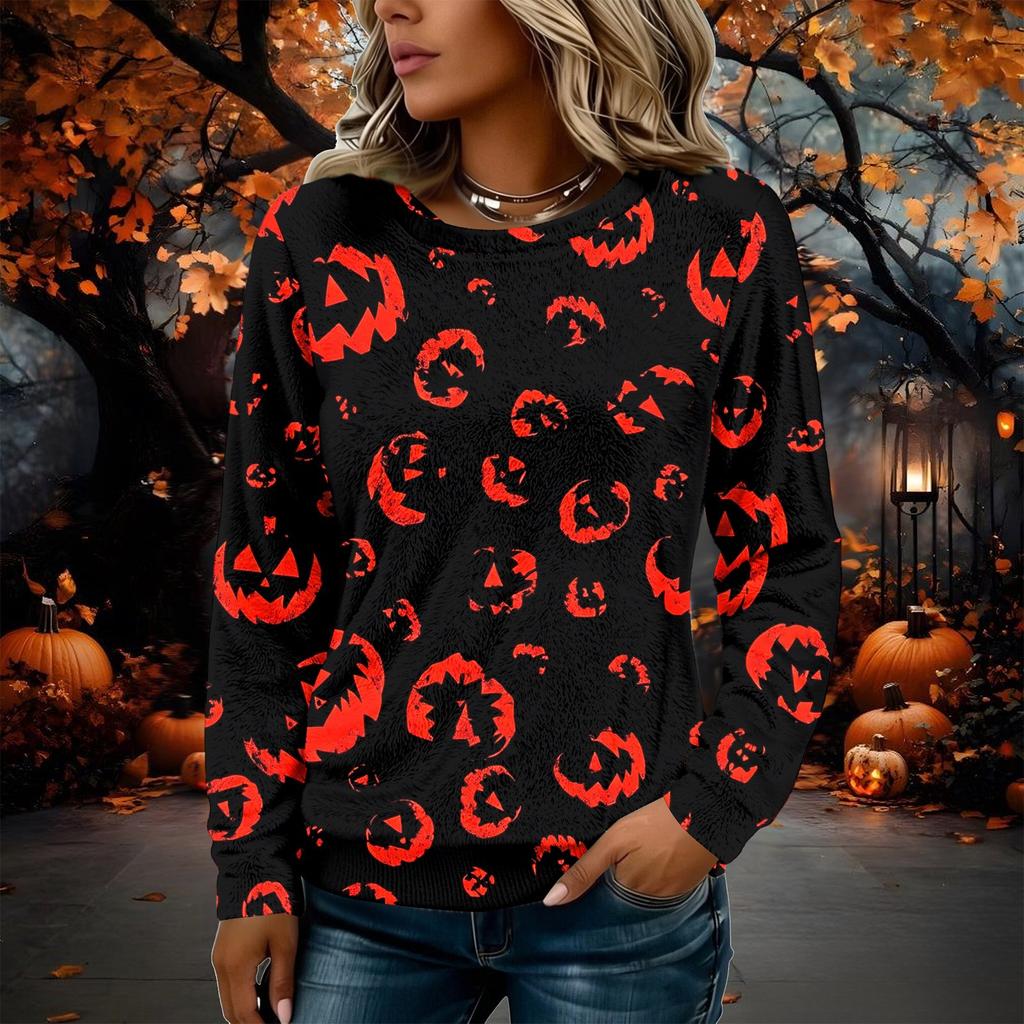 Women's Flannel Long Sleeve Top with Halloween Print Neck Pullover Shirt