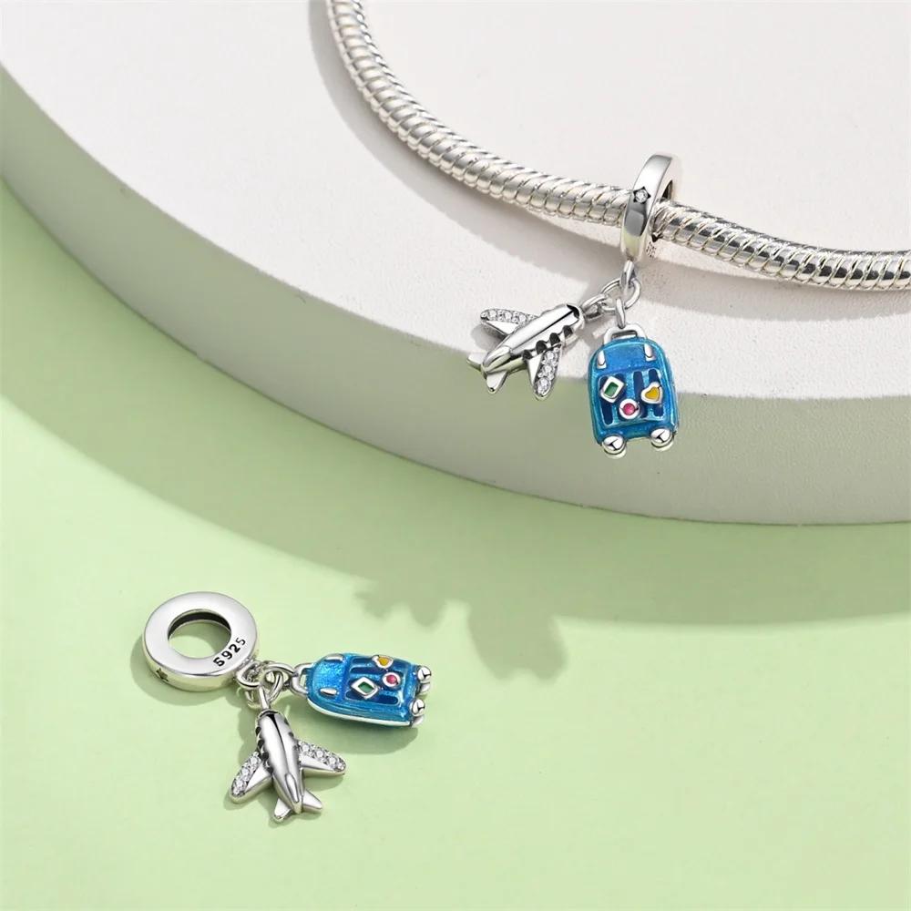 Authentic copper Charm Bead Charms Travel Zircon Airplane Luggage Sunglasses Bead Charms Pendant Compatible With Bracelets Jewellery Fine Gift