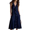 Spot women's clothing spring and summer new solid color sleeveless cotton and linen V-neck large pendulum ruffle edge dress