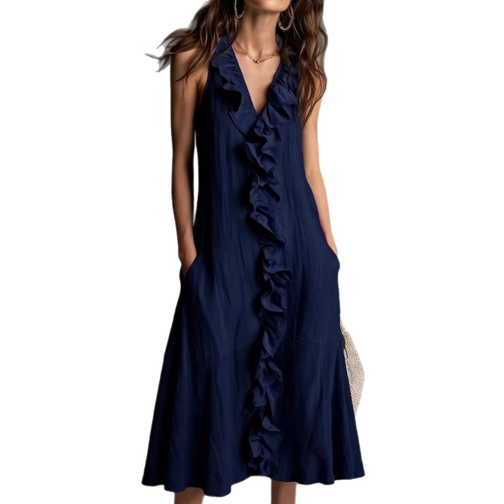 Spot women's clothing spring and summer new solid color sleeveless cotton and linen V-neck large pendulum ruffle edge dress