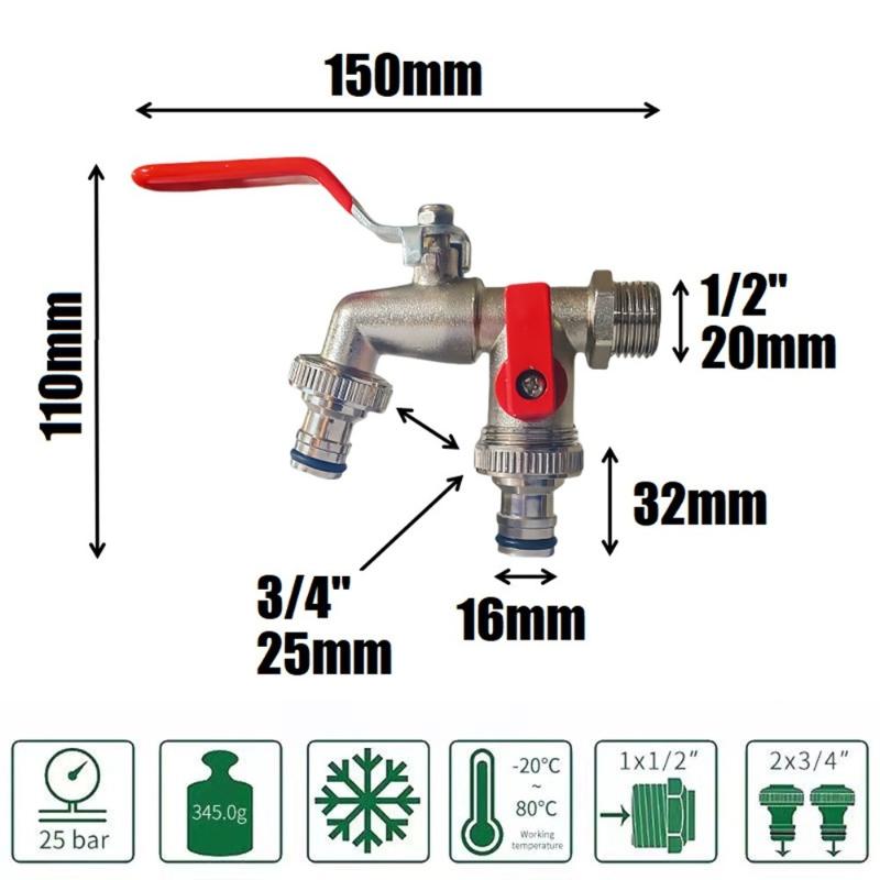 Brass Dual Outlet Faucet 1/2'' Threaded Connection Multifunctional Durable for School Dormitory Sink Use