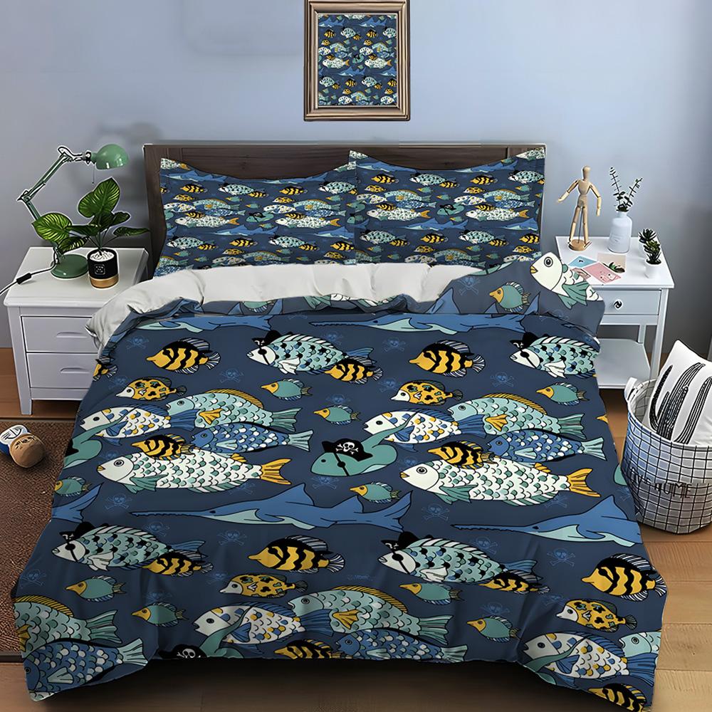 Colorful Fish And Ocean Pattern Duvet Cover Set Digital Print Colorful Polyester Bedding With Zipper Closur For Kids Gifts