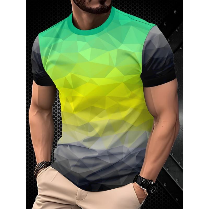 Men's Gradient Geometric Diamond Contrast T-Shirt - Short-Sleeve Crew Neck Summer Top with Ombre Color, Breathable Casual Shirt Suitable