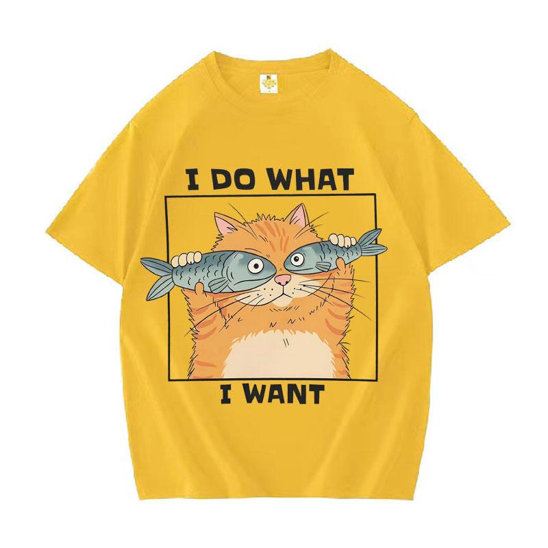 Funny Cat Holding Fish I Do What I Want Print Women Cotton Teenagers Short Sleeve Tee Shirt Summer Daily Street Casual Loose Tee