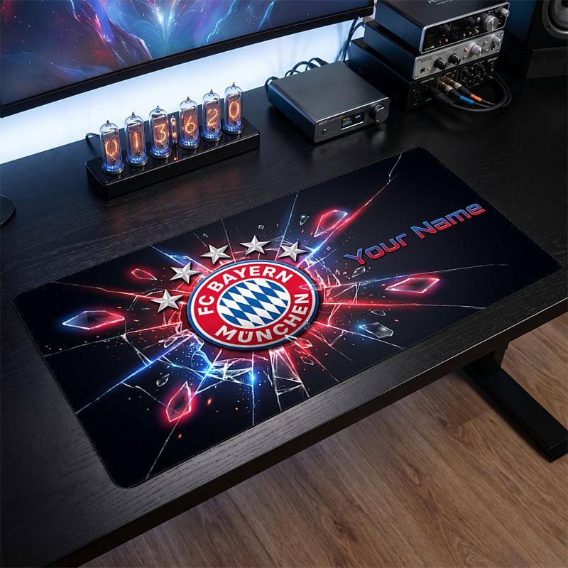 Bayern Munich Custom Large Mouse Pad, Personalized Name Text Print, Football Logo Non‑Slip Desk Mat Gaming Gift