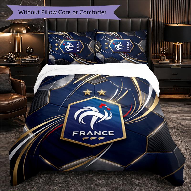 France Football Pattern 3 Pieces Bedding Set Soft Microfiber Duvet Cover with Pillow Cases for Bedroom