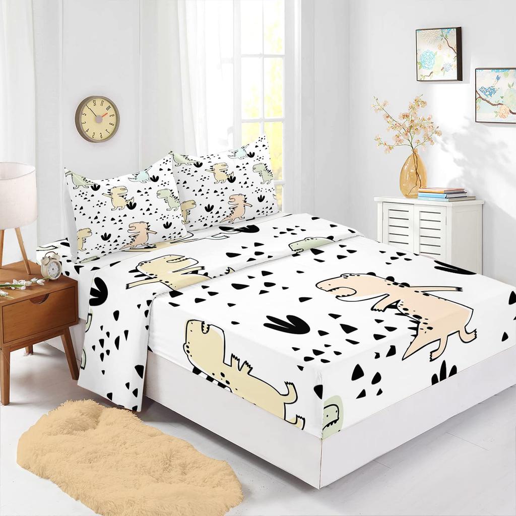 Cartoon animal little dinosaur pattern bed hat four-piece bedding set bedroom dormitory bedding decoration