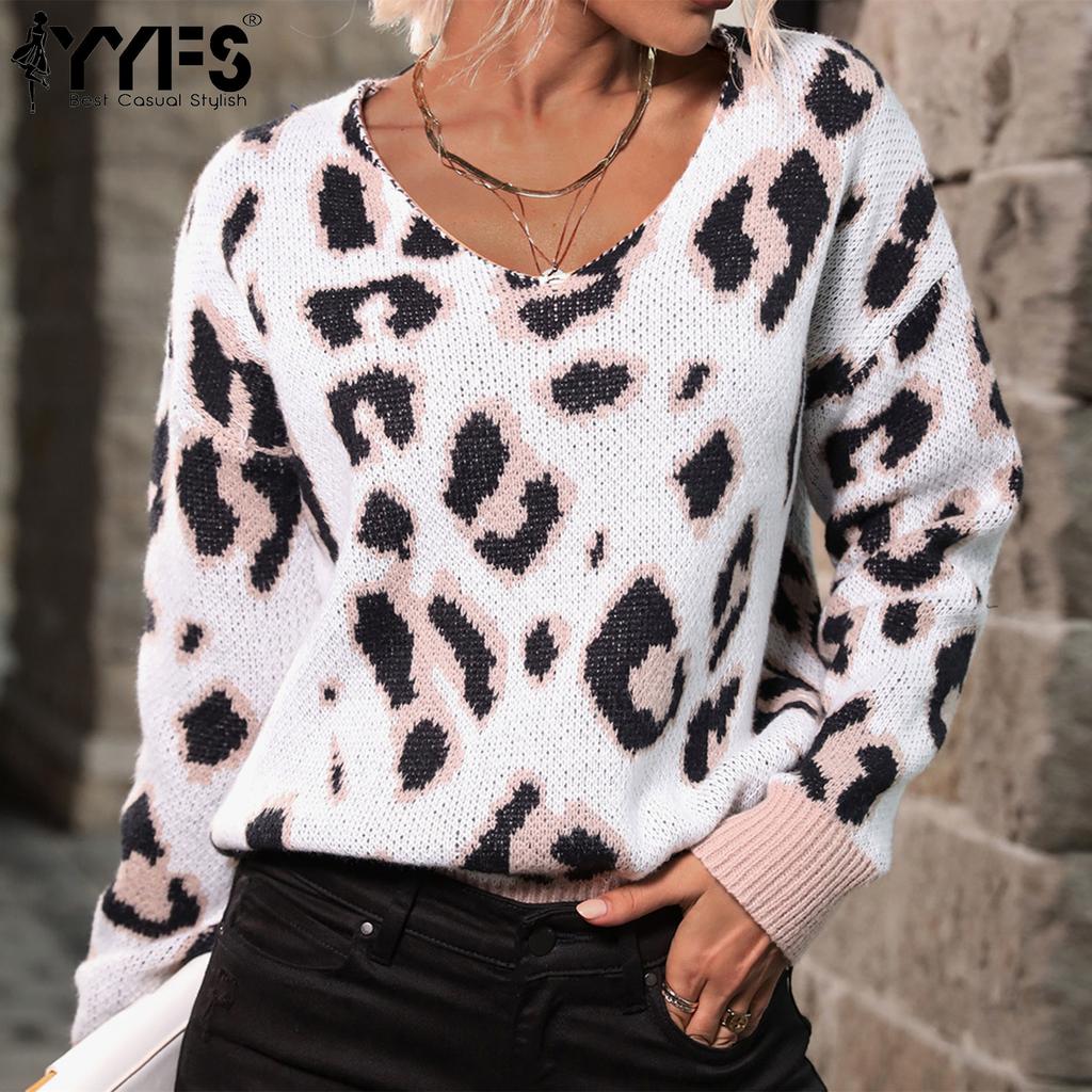 YYFS Moda damă ocazional imprimeu leopard toamnă iarnă cu mâneci lungi cu decolteu în V pulovere largi