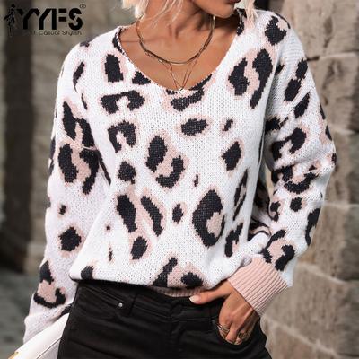 Women's Fashion Casual Leopard Print Autumn Winter Long Sleeve V-Neck Loose Sweaters