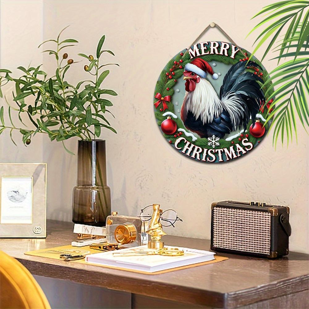 The Majestic Rooster Wooden Christmas Sign, Merry Christmas Round Sign for Front Door Wall Hanging Decor, Ideal Christmas Gift