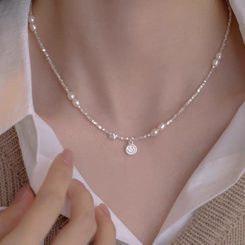 Handmade Minimalist Freshwater Pearl Necklace Women 5-6mm Silver-Tone Geometric Choker With Sterling Pendant