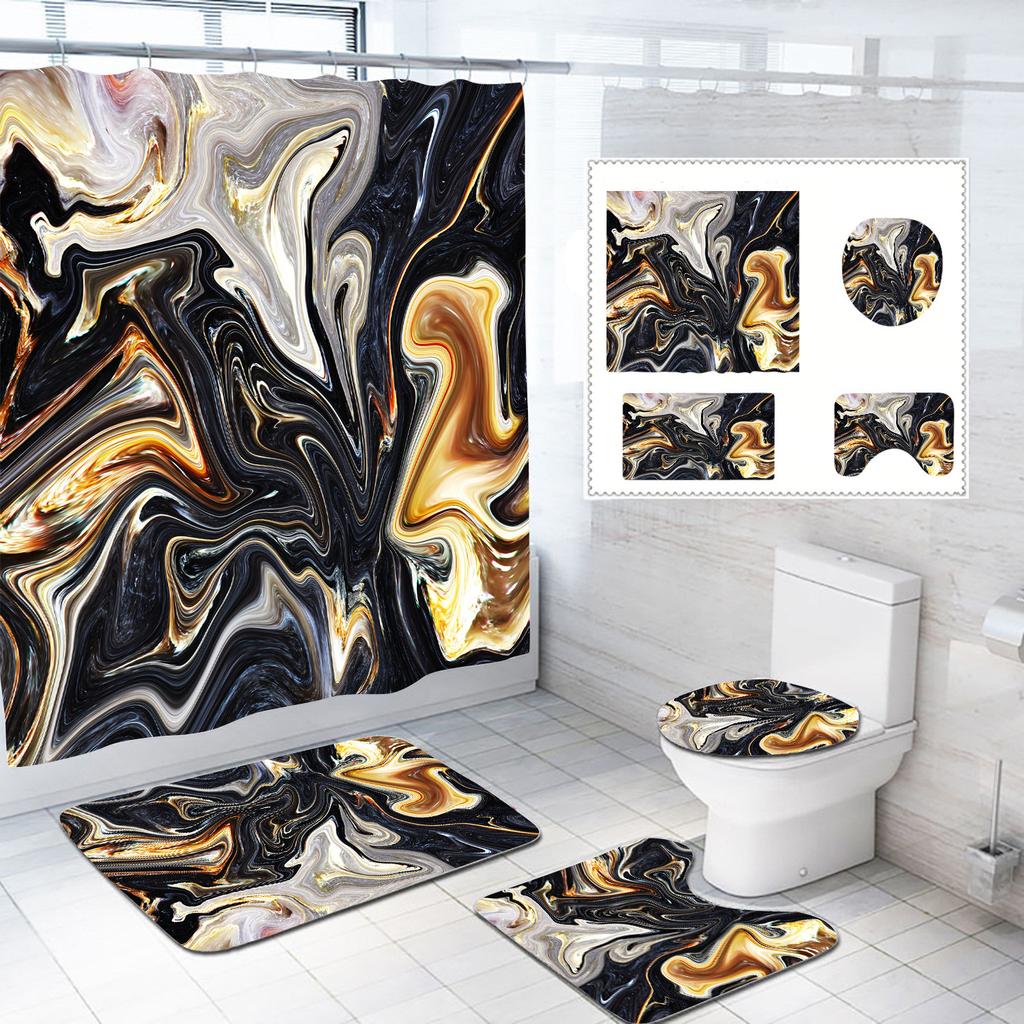 Bathroom Shower Curtain Floor Mat Four-Piece Set, Marble Style, Partition Curtain Floor Mat Three-Piece Set
