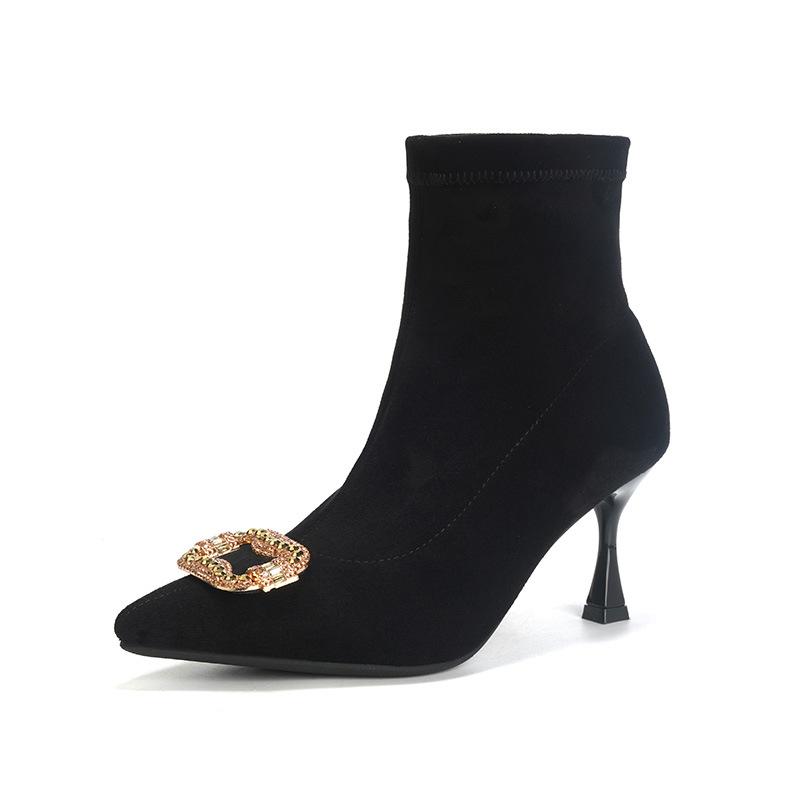 Square Buckle Rhinestone Pointed High Heel Short Boots Women's Autumn and Winter New Thin Heel Black Suede Elastic Thin and Ankle Boots Socks Boots