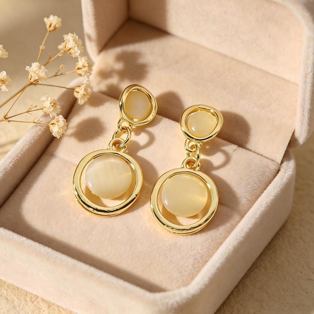 Korean Geometric Cat's Eye Dangle Earrings - Versatile Luxury Statement for Women