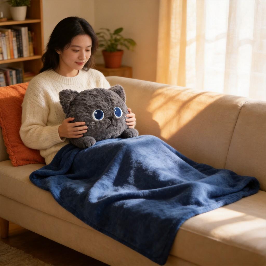 Cozy Cat Cartoon Throw Pillow Blanket With Plush Bunny Fur For Car And Home Use