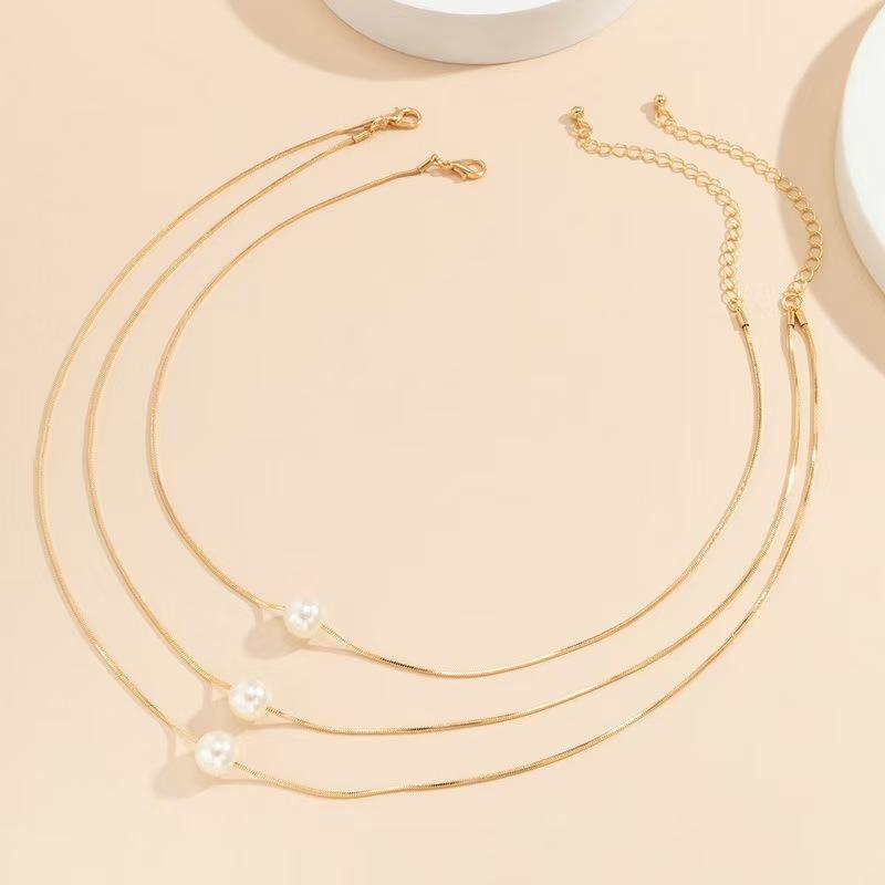 Accessories, French multi-layered imitation pearl pendant necklace, geometric thin chain snake bone necklace