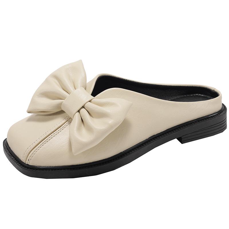 Fashion Temperament White Retro Bow Flat-bottomed Bag Head Slippers Women's Summer 2025 New Non-slip Mary Jane Half Drag