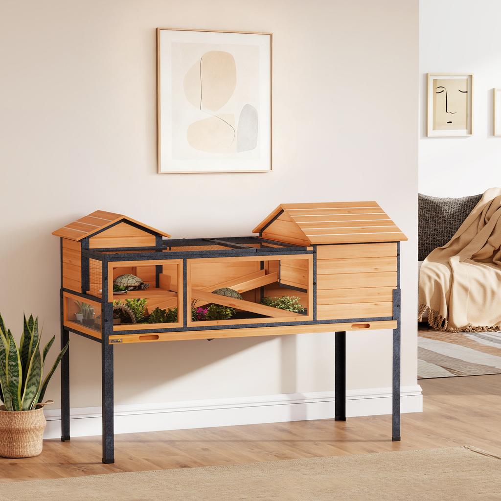 Wooden Tortoise House with Stand Legs, Clear Observation Windows, Ramps, Openable Top, Built-in Tray, Yellow