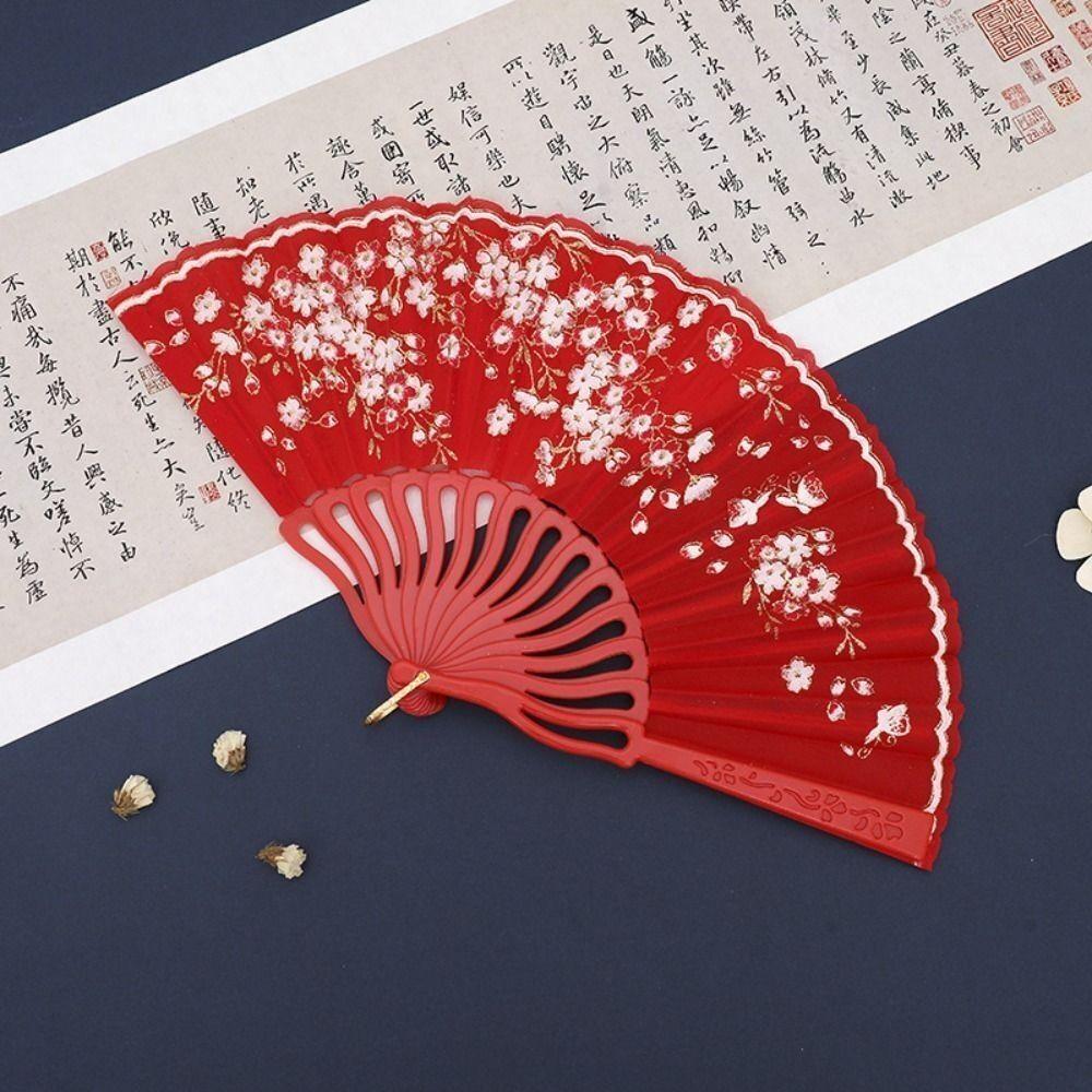 Elegent Chinese Style Plum Blossom Fan Plastic Dance Performance Props Antique Folding Fan Flower Pattern Cloth Dance Fan