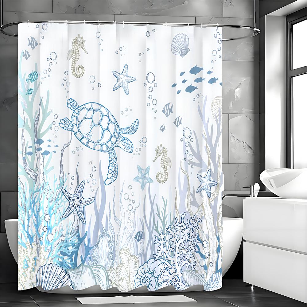 Underwater World Turtle Seagrass Coral Shower Curtain, Bathroom Decorative Shower Curtain, Waterproof Shower Curtain with Hooks