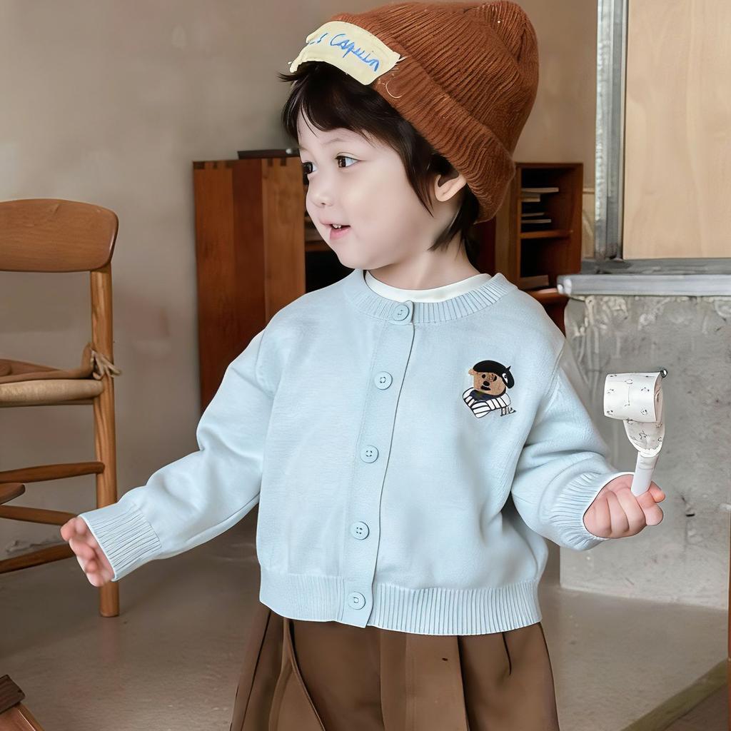 Spring Kids Embroidered Bear Knit Cardigan Unisex Baby Boy Girl Cute Thin Jacket Outerwear