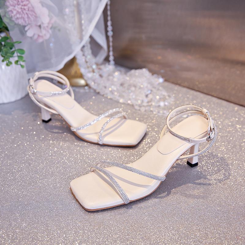 Rhinestone word with shit-stepping sandals women wear beautiful high heels in summer women's 2025 new fashion light luxury
