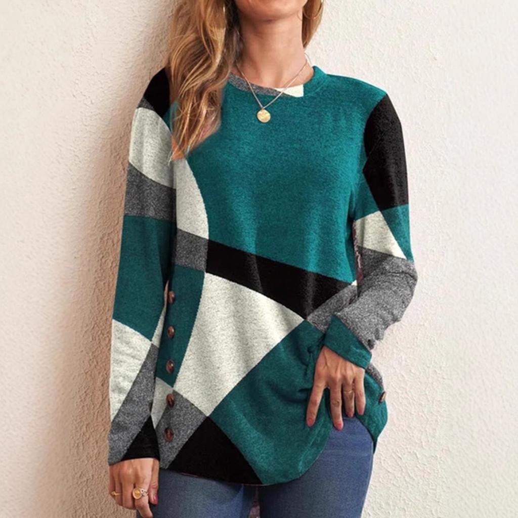 Springwish Geometric Colorblock Long Sleeve Tee For Casual Urban Women