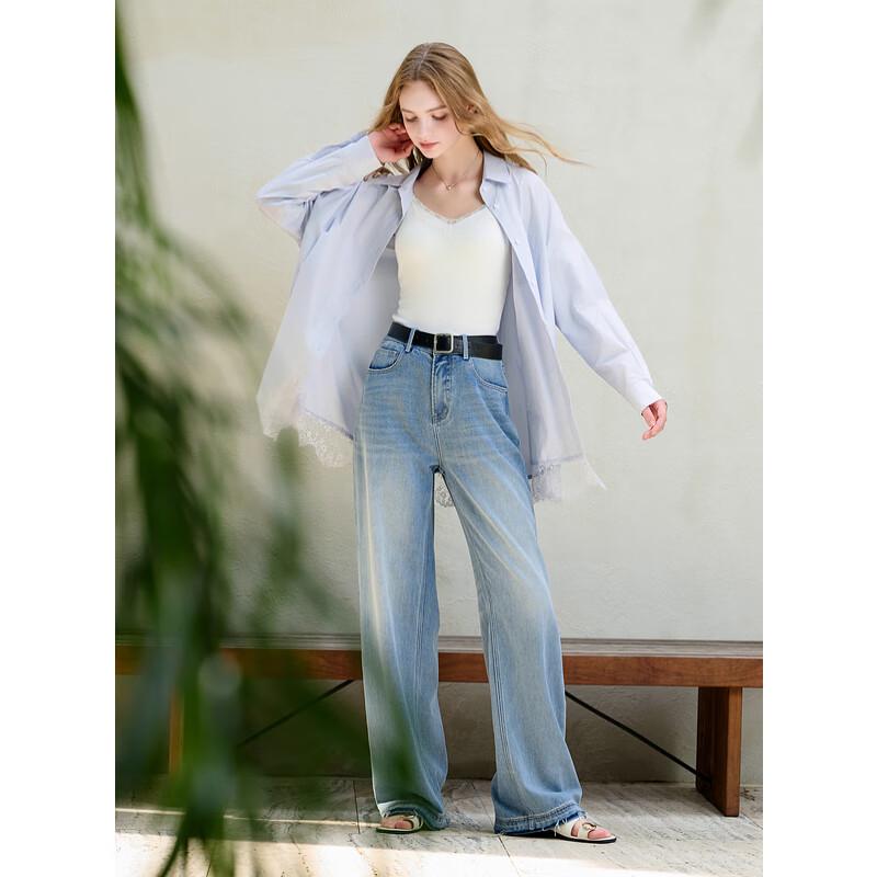 Sancai 2025 Autumn Sky Blue Straight Leg Drapey Jeans
