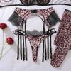CINOON Damen Sexy Leopard Print Push-Up BH-Set Doppel-Schulterträger Spitze Einsätze Dessous-Outfit Mit Oberschenkelhohen Strümpfen