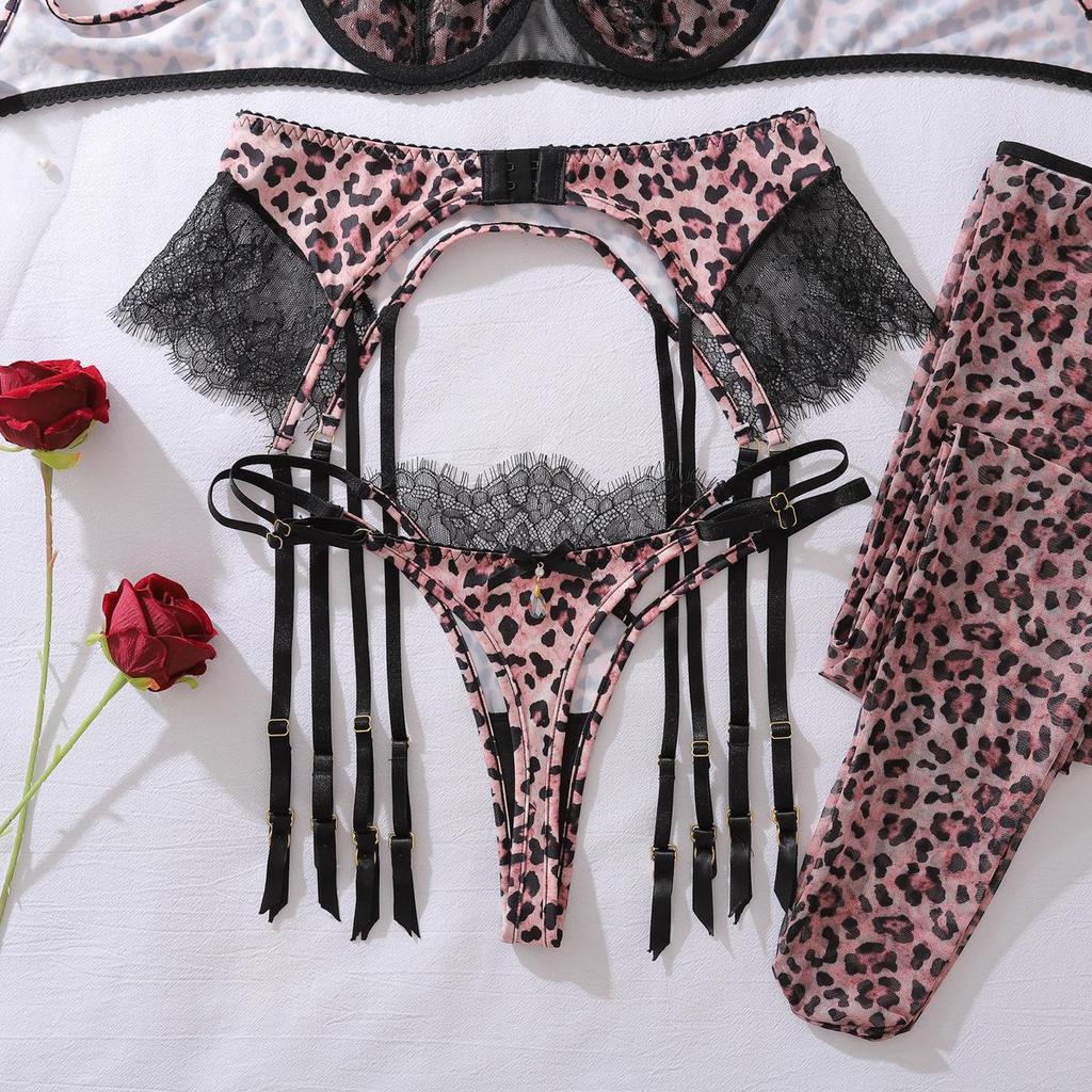 CINOON Damen Sexy Leopard Print Push-Up BH-Set Doppel-Schulterträger Spitze Einsätze Dessous-Outfit Mit Oberschenkelhohen Strümpfen