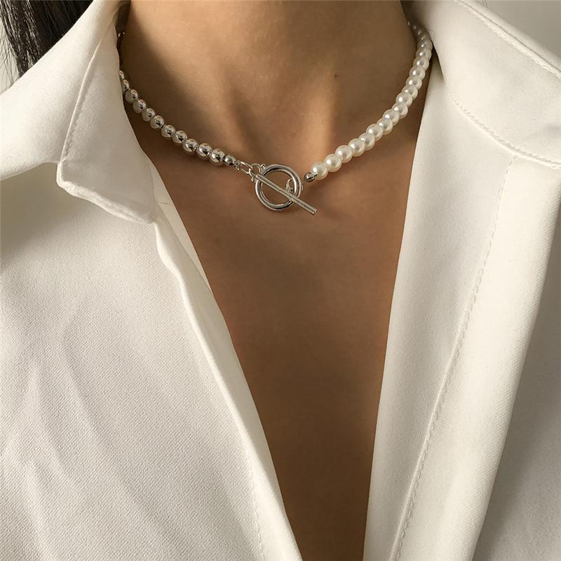 Minimalism Gold Bead Imitation Pearl Splicing OT Buckle Necklace for Women Collision Clavicle Chain Jewelry