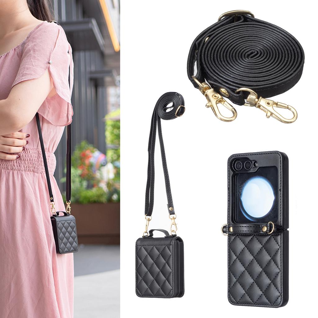 Für Samsung Galaxy Z Flip6 5G/Z Flip5 5G Leder Rückseite Hülle Rauten Handyhülle mit Schultergurt