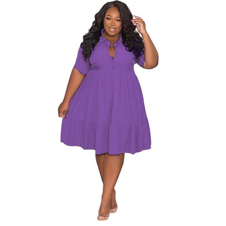 Elegant Casual Solid Color Shirt Dress Summer Short Sleeve Lapel for Plus Size Women